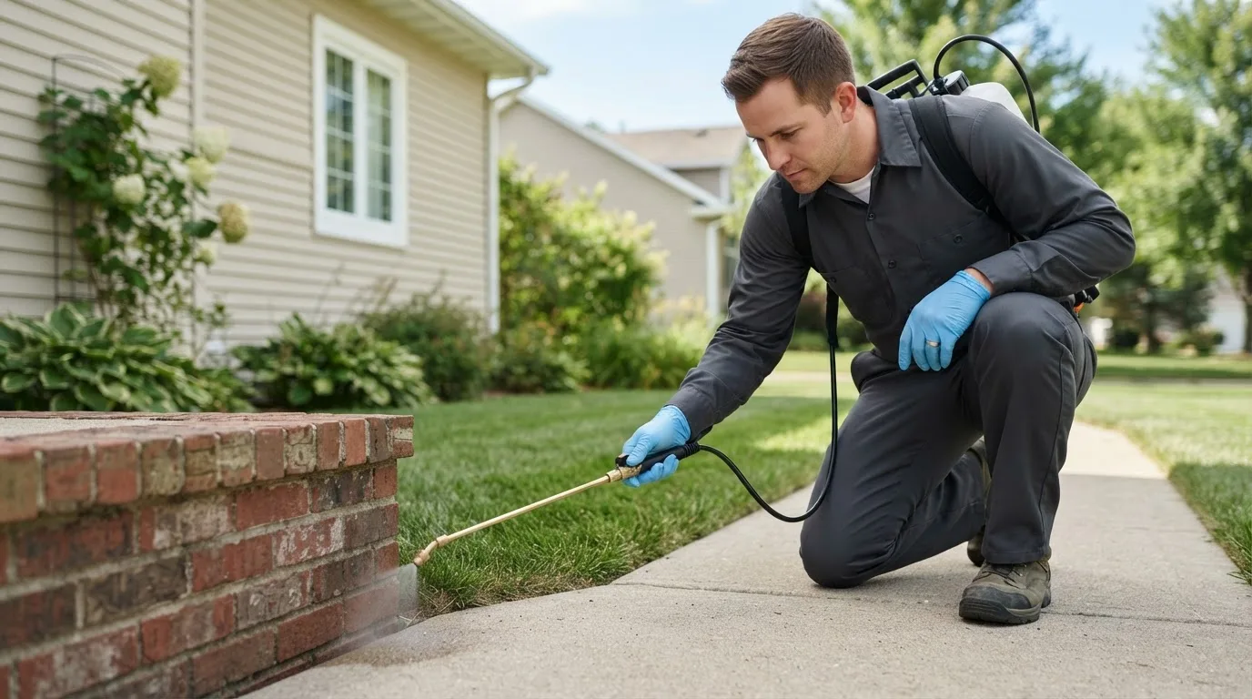 Pest control technician treating a home near Scipio Center, NY