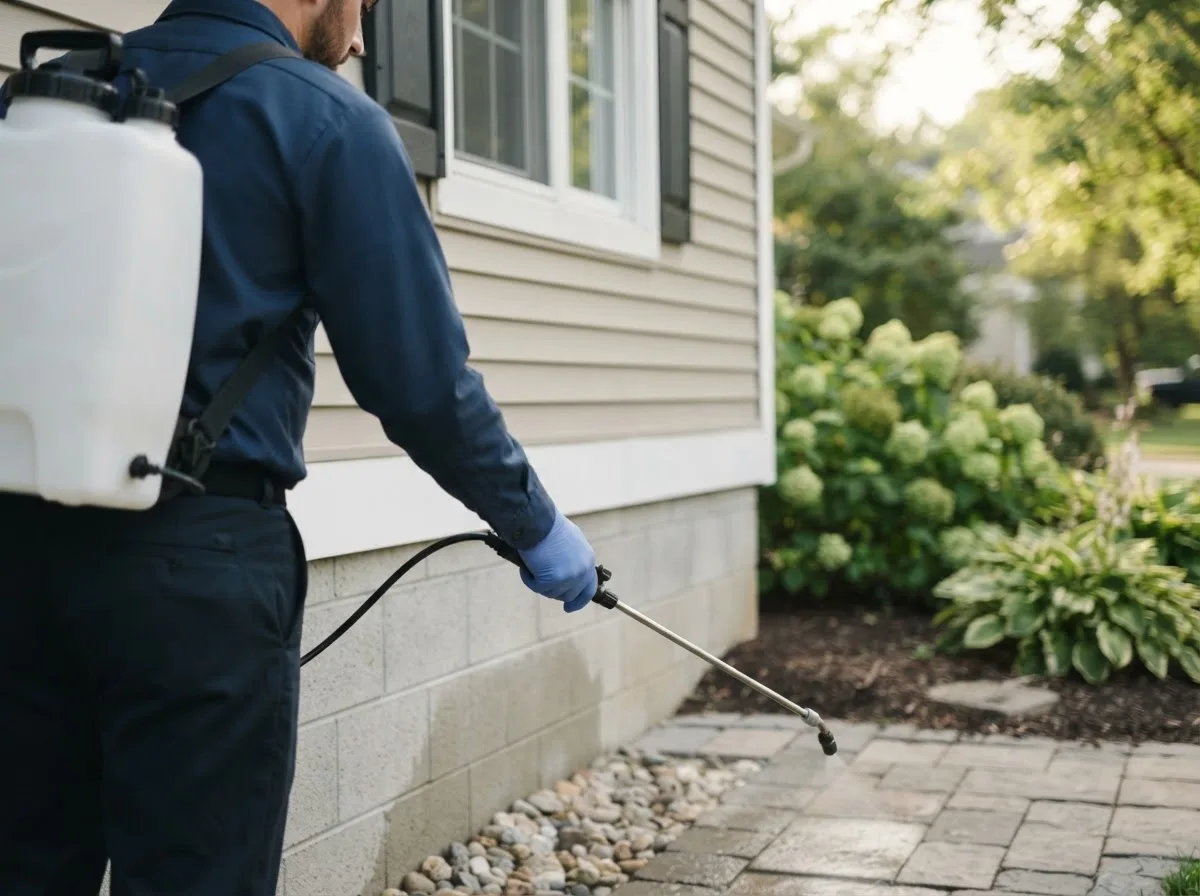 Pest control technician inspecting a home in Scipio Center, NY